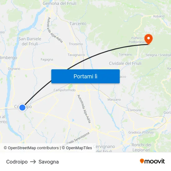 Codroipo to Savogna map