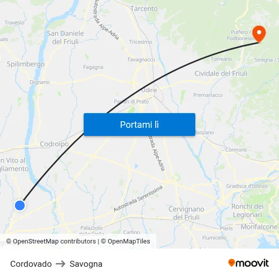 Cordovado to Savogna map