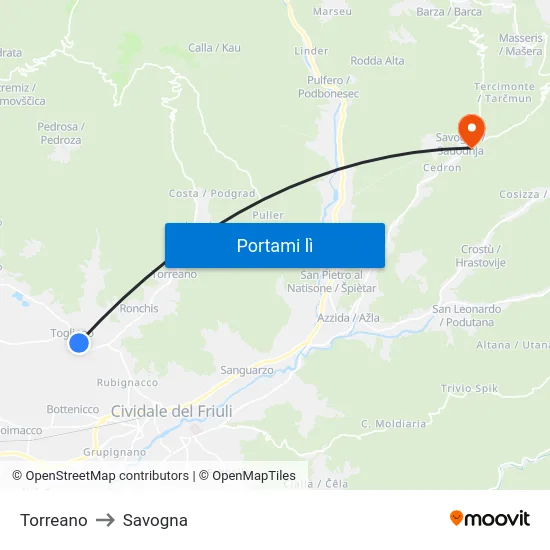 Torreano to Savogna map