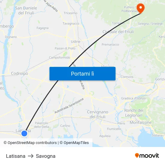 Latisana to Savogna map