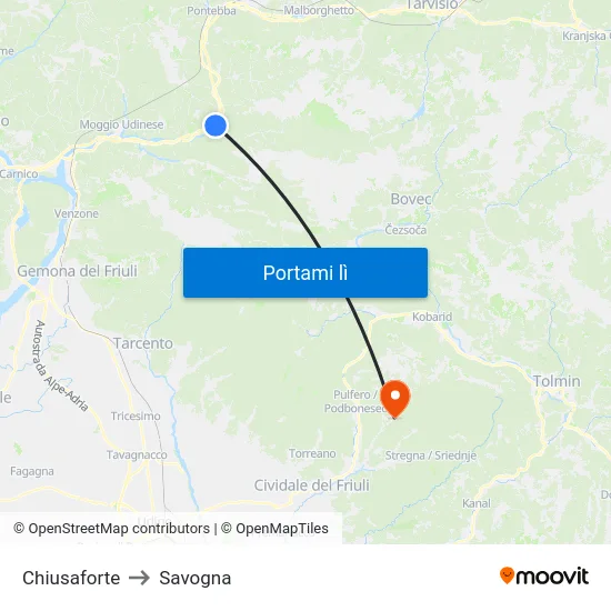 Chiusaforte to Savogna map