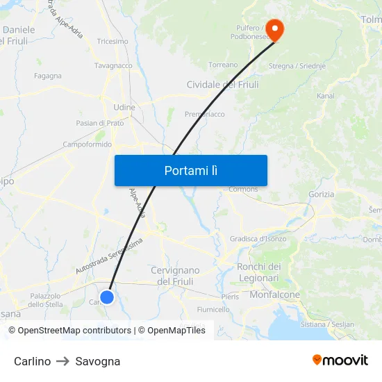 Carlino to Savogna map
