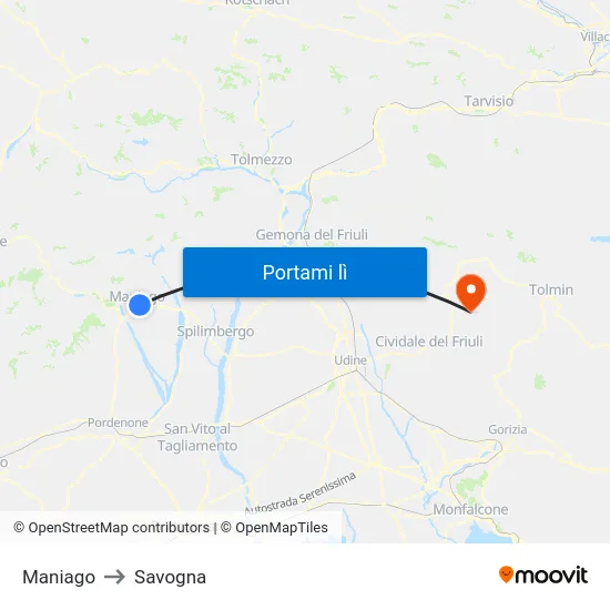 Maniago to Savogna map