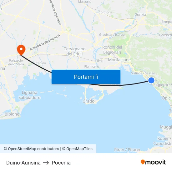 Duino-Aurisina to Pocenia map