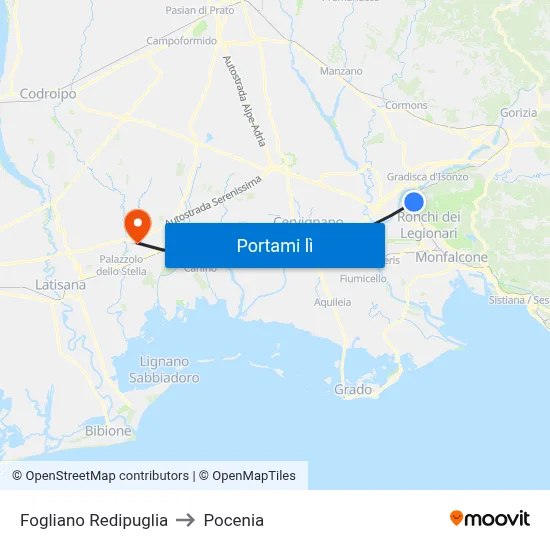 Fogliano Redipuglia to Pocenia map