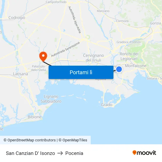 San Canzian D' Isonzo to Pocenia map
