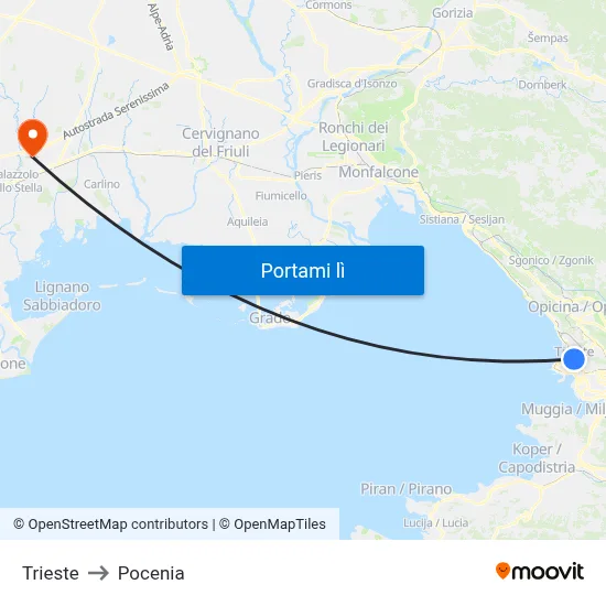Trieste to Pocenia map