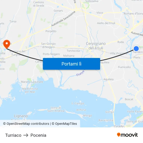 Turriaco to Pocenia map