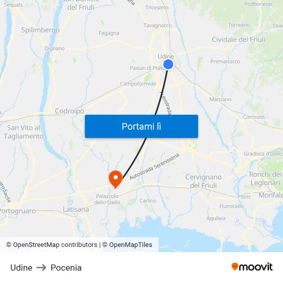 Udine to Pocenia map