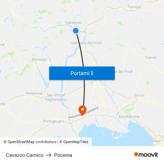 Cavazzo Carnico to Pocenia map