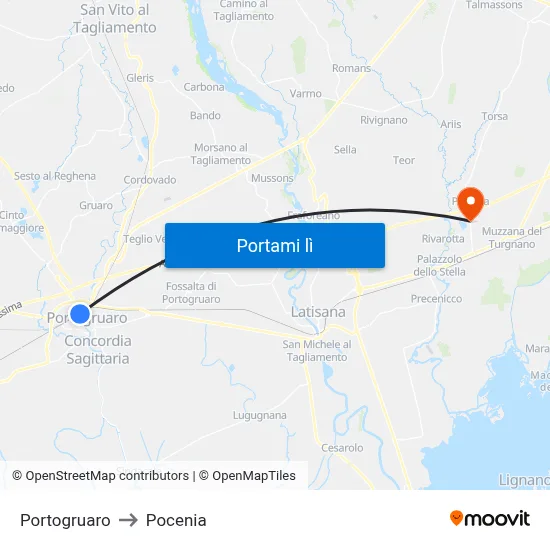 Portogruaro to Pocenia map
