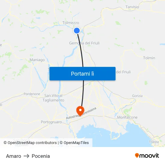 Amaro to Pocenia map