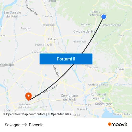 Savogna to Pocenia map