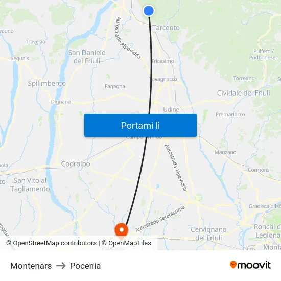 Montenars to Pocenia map