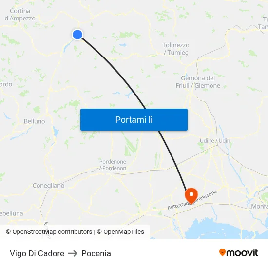 Vigo Di Cadore to Pocenia map