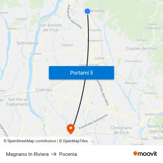 Magnano In Riviera to Pocenia map