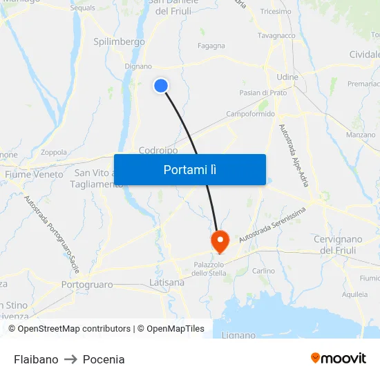 Flaibano to Pocenia map