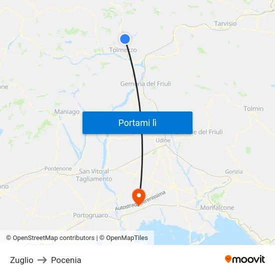 Zuglio to Pocenia map