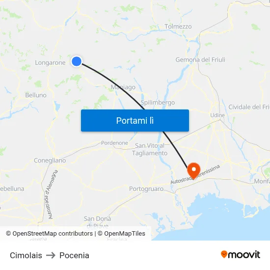 Cimolais to Pocenia map