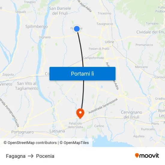 Fagagna to Pocenia map