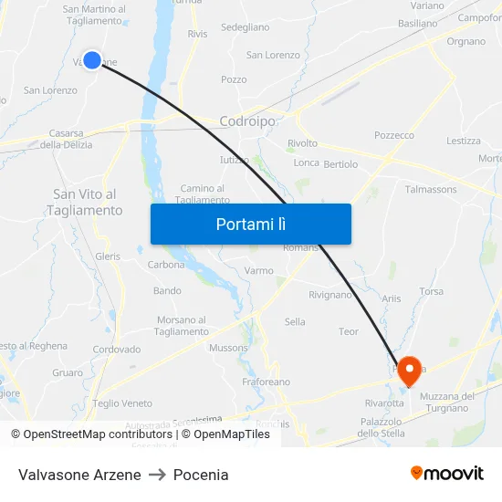 Valvasone Arzene to Pocenia map