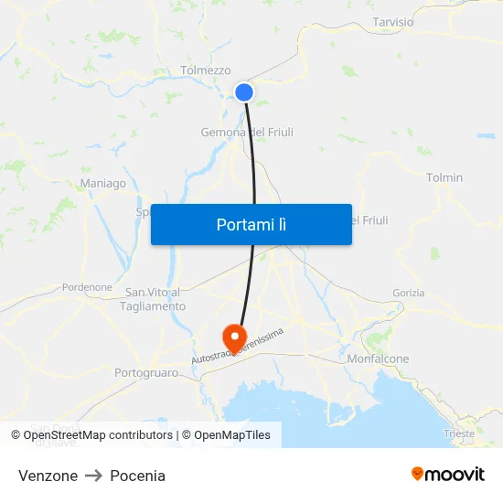 Venzone to Pocenia map