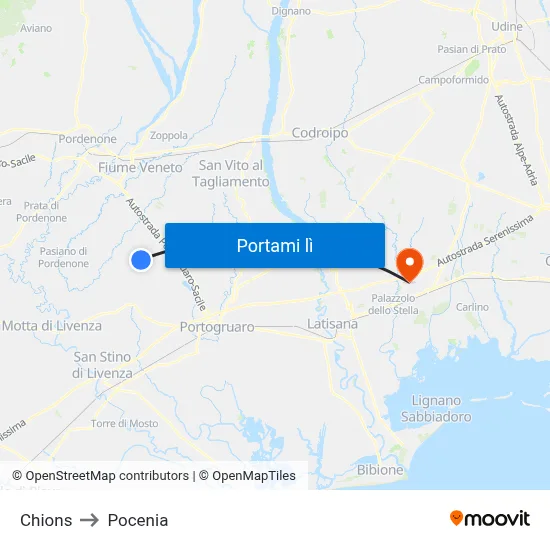 Chions to Pocenia map