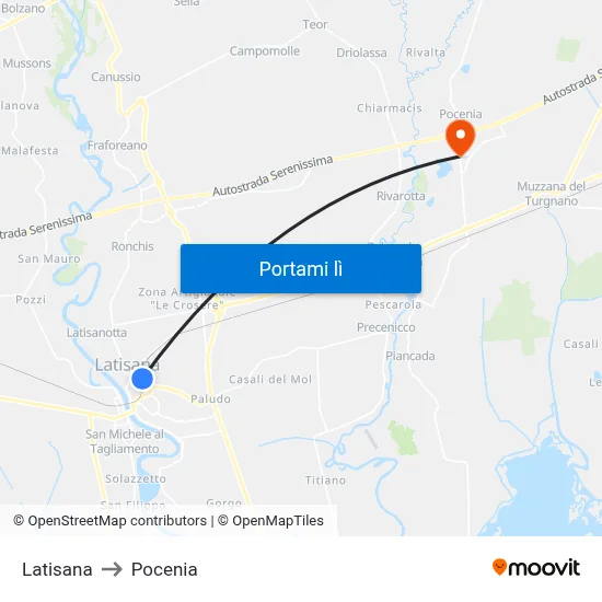 Latisana to Pocenia map