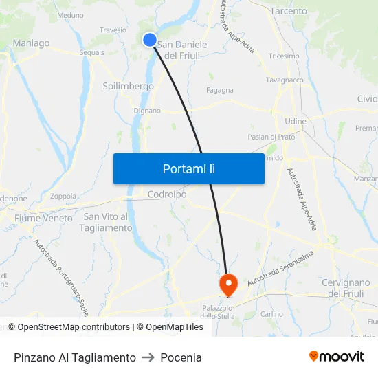Pinzano Al Tagliamento to Pocenia map