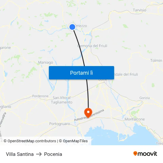 Villa Santina to Pocenia map