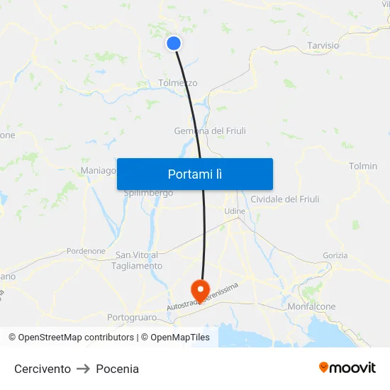 Cercivento to Pocenia map