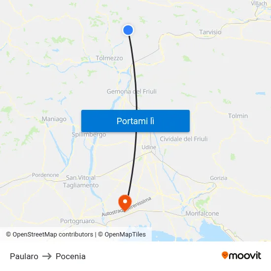 Paularo to Pocenia map