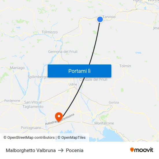 Malborghetto Valbruna to Pocenia map