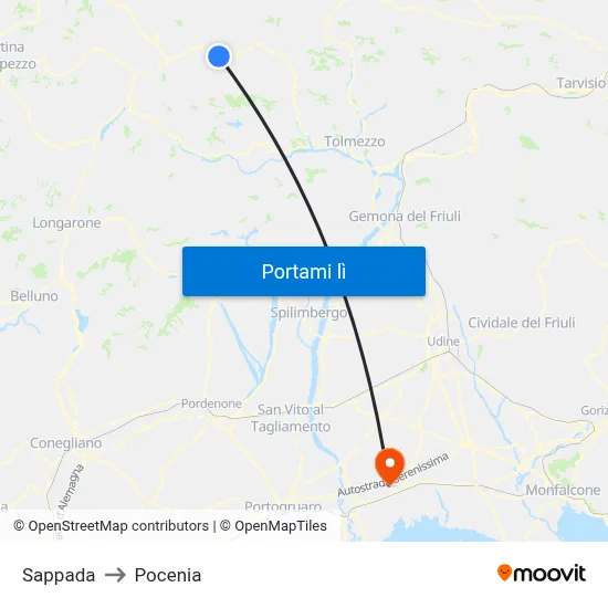 Sappada to Pocenia map