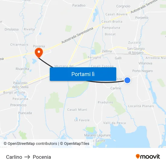 Carlino to Pocenia map