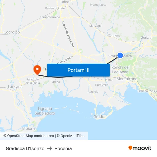 Gradisca D'Isonzo to Pocenia map