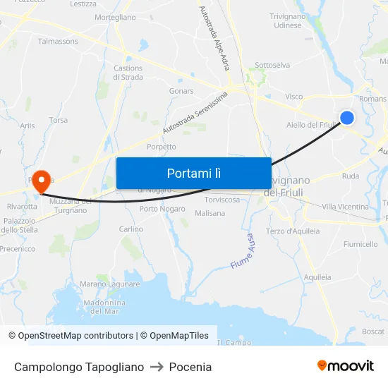 Campolongo Tapogliano to Pocenia map
