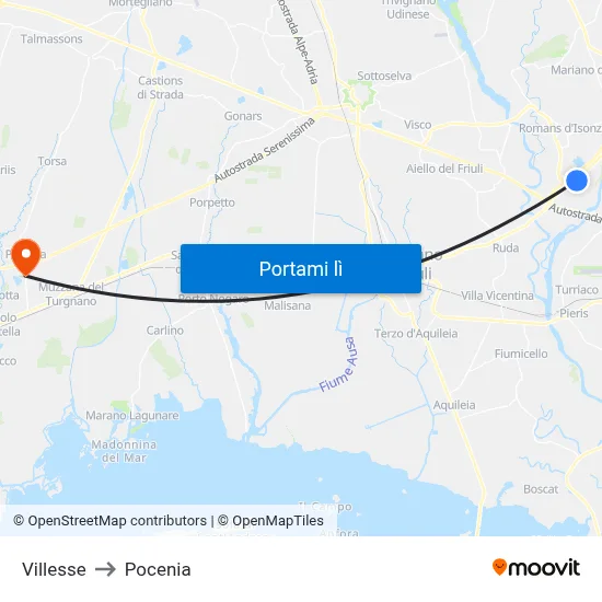 Villesse to Pocenia map