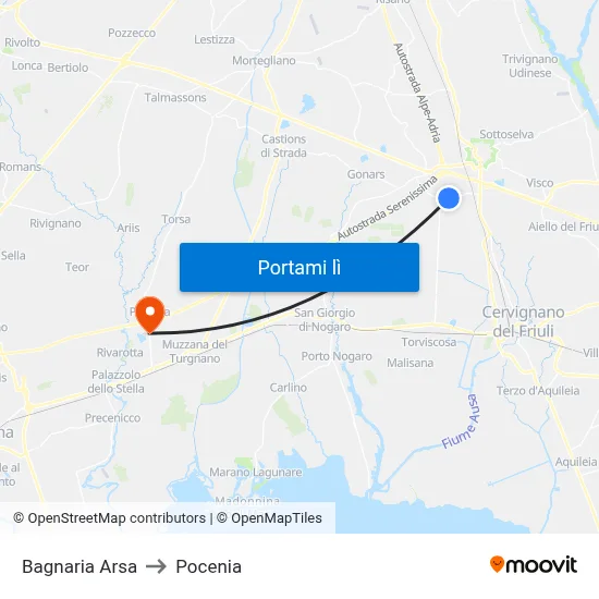 Bagnaria Arsa to Pocenia map