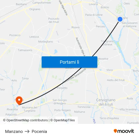 Manzano to Pocenia map