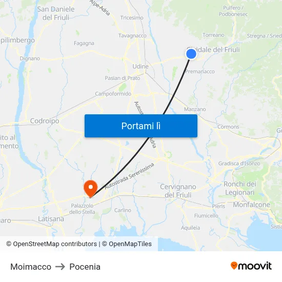 Moimacco to Pocenia map