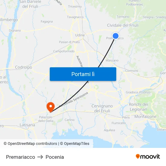 Premariacco to Pocenia map