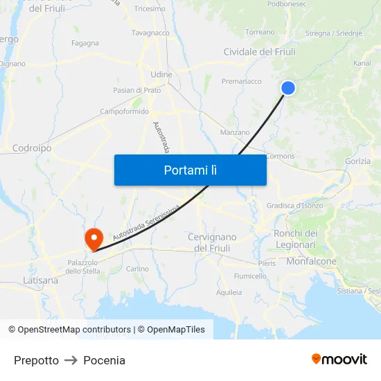 Prepotto to Pocenia map