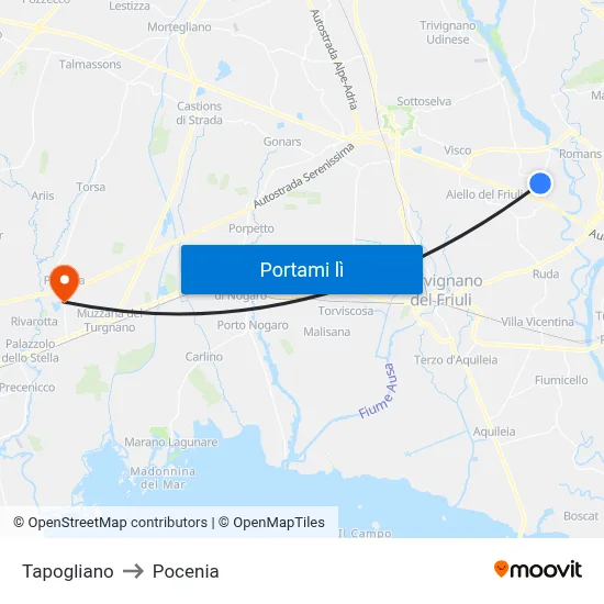 Tapogliano to Pocenia map