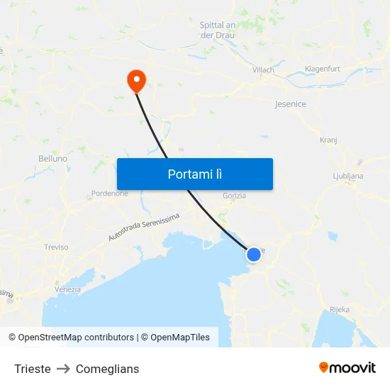 Trieste to Comeglians map