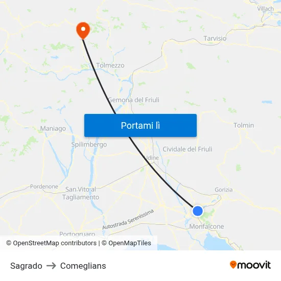 Sagrado to Comeglians map