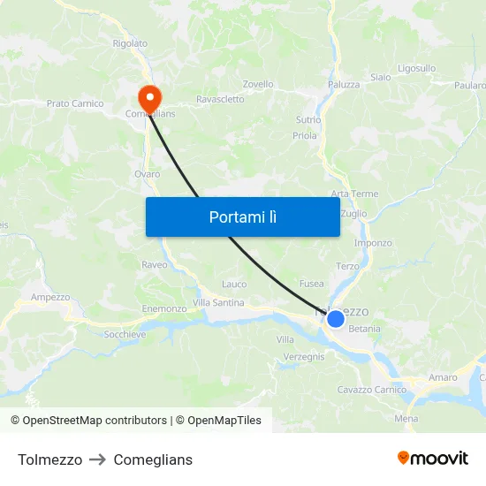 Tolmezzo to Comeglians map