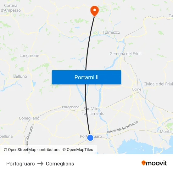 Portogruaro to Comeglians map