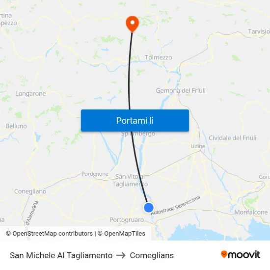 San Michele Al Tagliamento to Comeglians map