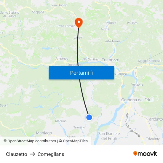 Clauzetto to Comeglians map